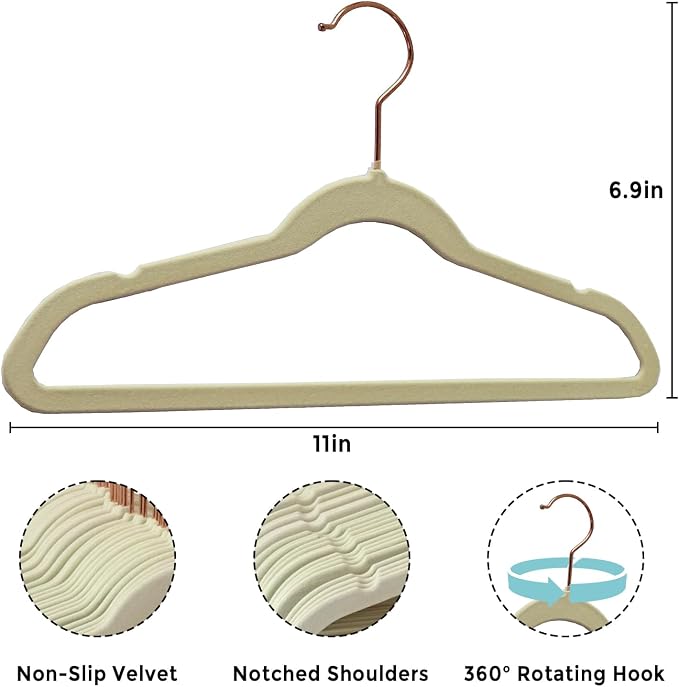 Tonswachic 50-Pack 11 Inch Baby Closet Hangers with 10 Clips - Soft Velvet Non-Slip Hangers for Infant & Toddler Clothes (Beige) - Image 2