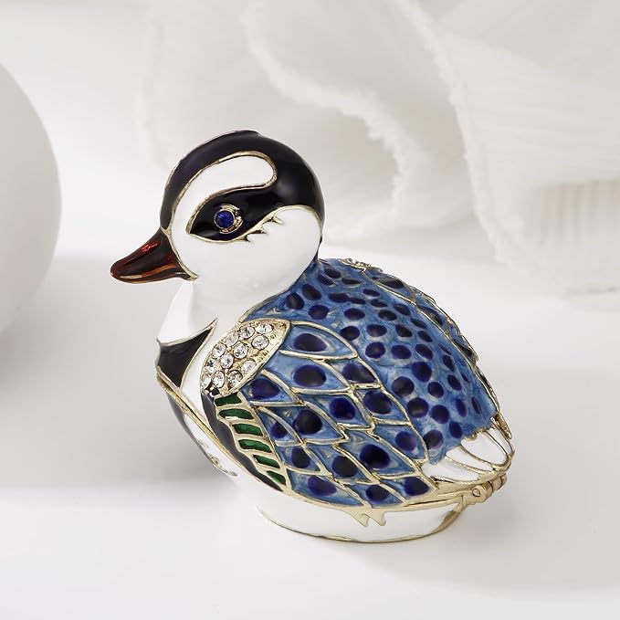 Hand Painted Enamel Duck Trinket Box for Home Decor, Hinged Jewelry Organizer for Ring Earrings, Unique Figurine Keepsake Collectible Personalized Elegant Handmade Ornament Gifts (Blue Cartoon Duck) - Image 4