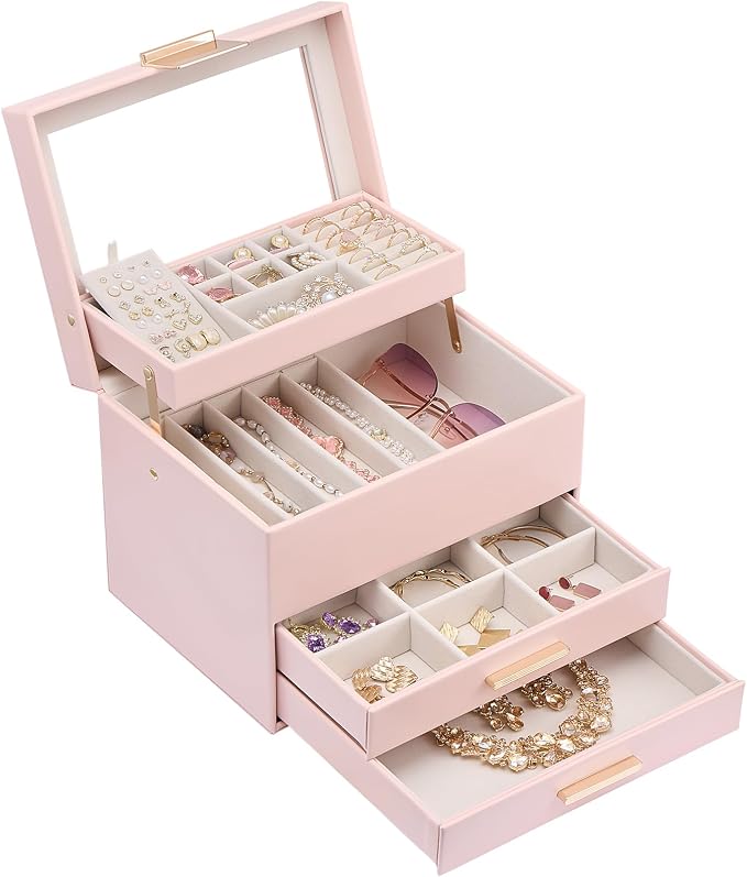 Lolalet Jewelry Box, Clear Window Jewelry Organizer with Drawer for Earrings Bracelets Necklaces Rings, Jewelry Storage for Women -Pink, 4 Layers by Lolalet