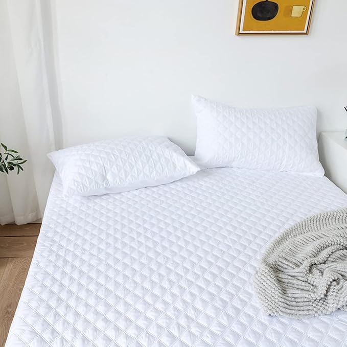 jejeloiu White Quilted Mattress Pad, 100% Waterproof Breathable Twin Bedding Fitted Sheet Mattress Protector 14" Deep Pocket Cotton Snow Down Alternative Filling Mattress Cover (Twin,White)