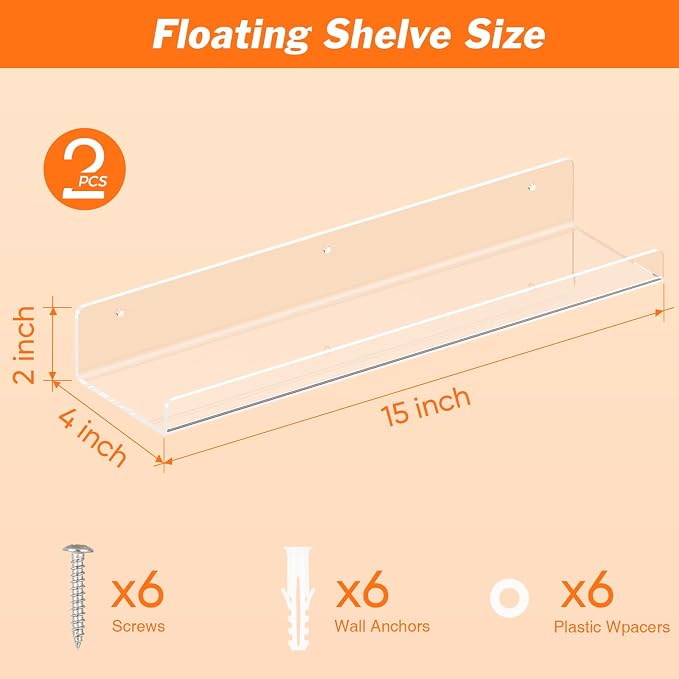Dooiclear 2 Pack Floating Shelves for Wall, 15" Clear Book Shelf, Acrylic Floating Wall Shelf, Display Shelves Organizer for Bathroom, Classroom, Bedroom, Living Room, Kitchen, Room Decor - Image 3