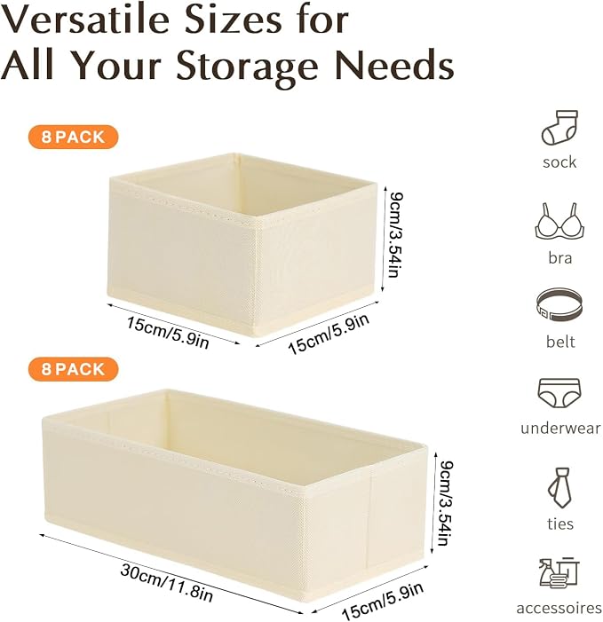 DIMJ Drawer Organizers Clothes, Set of 16 Dresser Organizer Bins, Fabric Closet Organizers and Storage, Shallow Drawer Dividers for Nursery, Clothing, Baby Clothes, Socks, Underwears, Tie (Beige) - Image 2