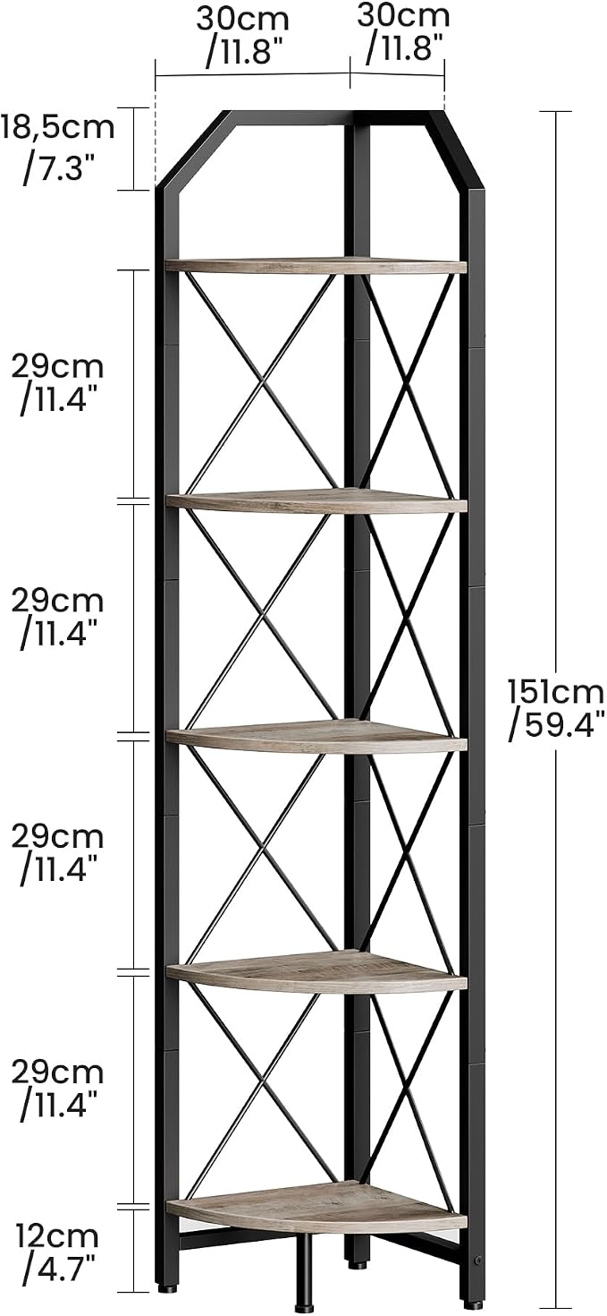 CHOEZON 5-Tier Corner Shelf, Industrial Corner Bookshelf, 59.4" Corner Storage Stand, Plant Stand Display Shelf, Corner Bookcase for Bedroom, Living Room, Home Office, Greige and Black TCJ10BG - Image 2