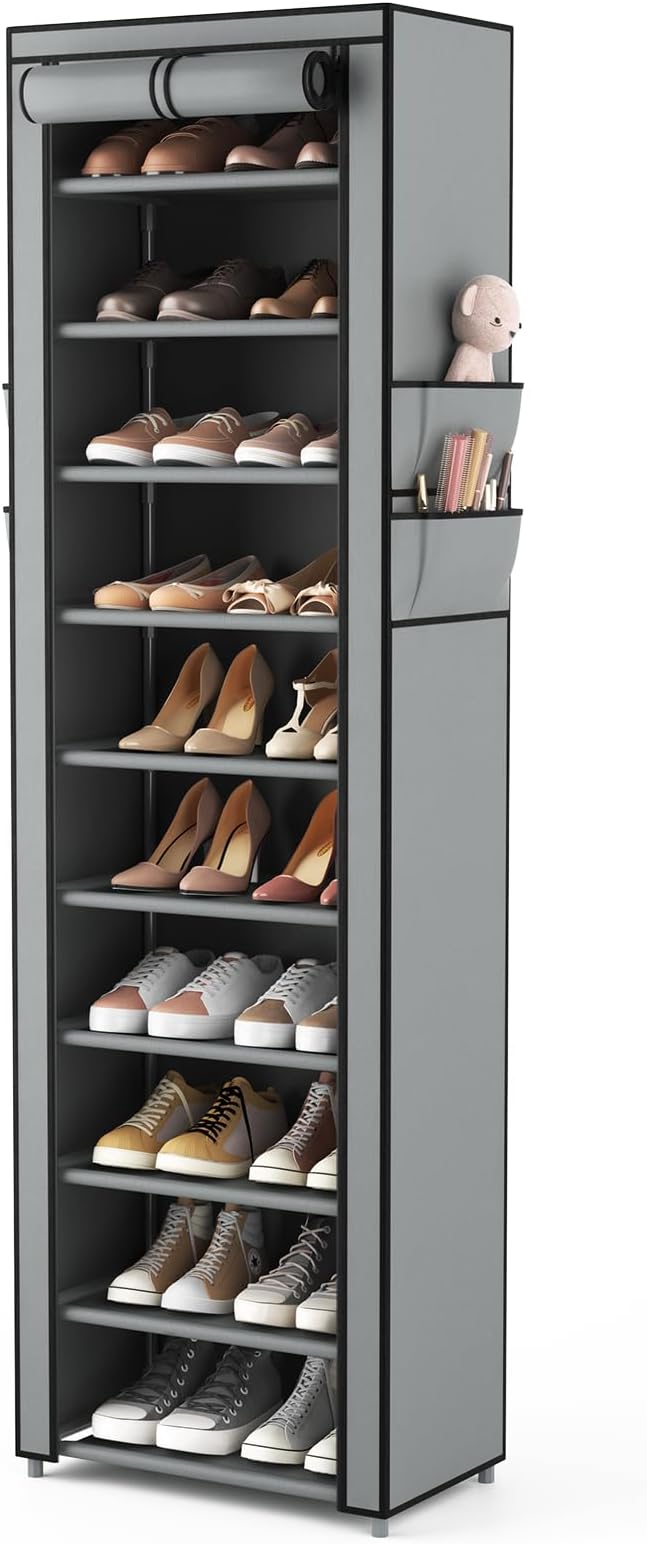 VTRIN Vertical Narrow Shoe Rack Organizer Tall Shoe Rack for Closet Entryway 10 Tier Non-Woven Cover Shoe Shelf Holds 20-22 Pairs Free Standing Shoe Storage Cabinet with Dustproof Cover, Grey by VTRIN