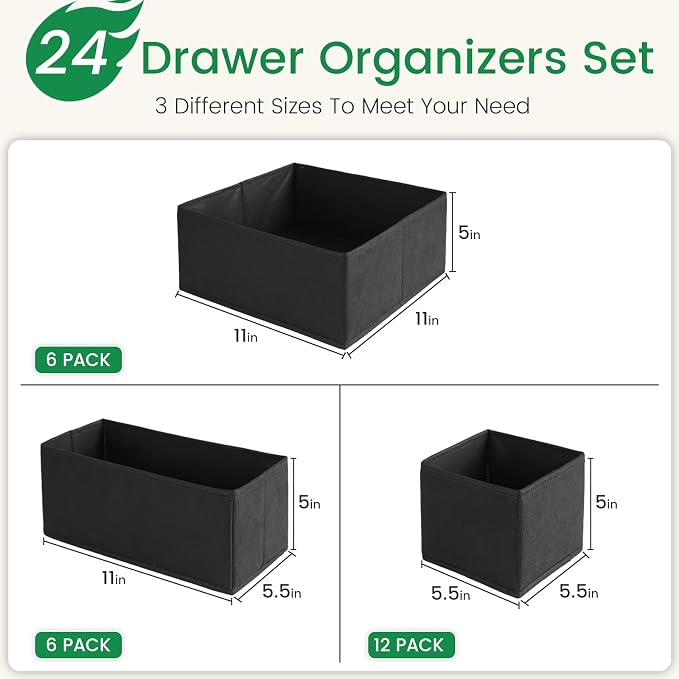 Criusia Drawer Organizer Clothes, 24 Pack Underwear Drawer Organizers, Foldable Closet Organizers and Storage Dresser Drawer Dividers Clothing Organizer for Clothes, Socks, Scarves, Bra, Ties (Black) - Image 3