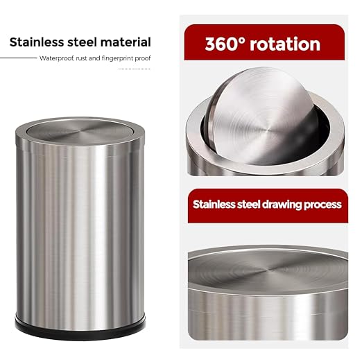 Brushed Nickel Bathroom Trash Can,Stainless Steel Garbage Can with Fild Lid,Small Trash Can for Bedroom,Hotel,Office,Laundry(Sliver) - Image 4