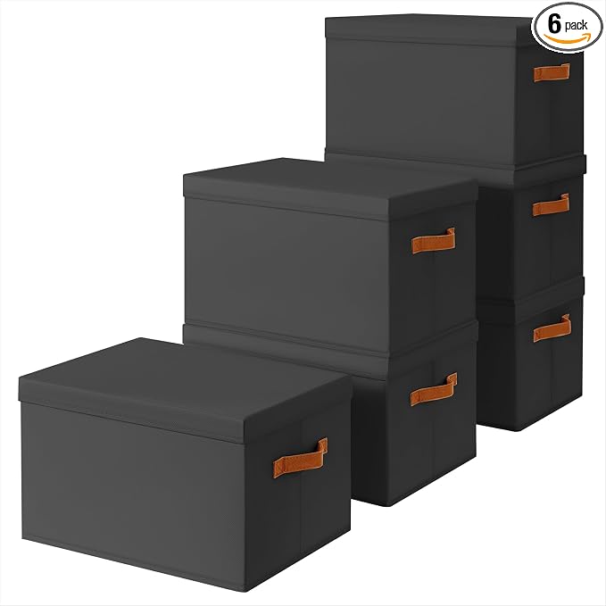 Homsorout Storage Bins with Lids - Large Fabric Closet Bins with Lid, 6 Pack Clothes Organizers and Storage, Collapsible Stackable Cube Basket for Home, Office, Dorm, Black by Homsorout