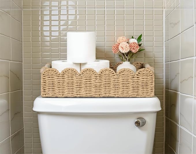 CubesLand Toilet Paper Storage Basket, Scalloped Edge Shelves Basket for Organizing for Over Toilet Tank Storage, Home Decor Baskets for Shelf, Countertop, Living Room, Bedroom, Handwoven, Beige - Image 4