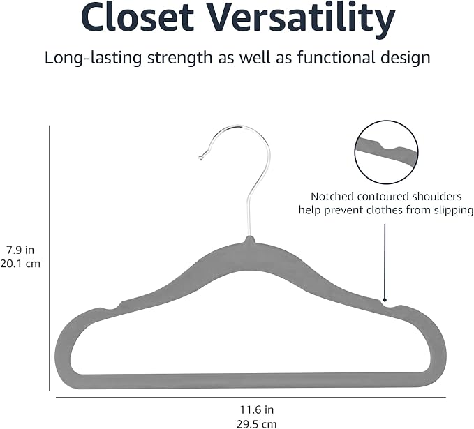 Amazon Basics Kids Velvet Non-Slip Space Saving Clothes Hangers with Shoulder Notches, Sturdy Closet Organizer for Baby/Toddler, 11.6", Gray, 30-Pack - Image 4