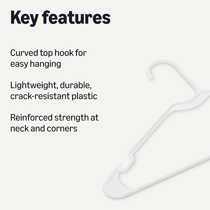 Amazon Basics Space Saving Plastic Clothes Hangers, Sturdy Closet Organizer for Shirts and Jackets, Adult Size, White, 50-Pack - Image 2
