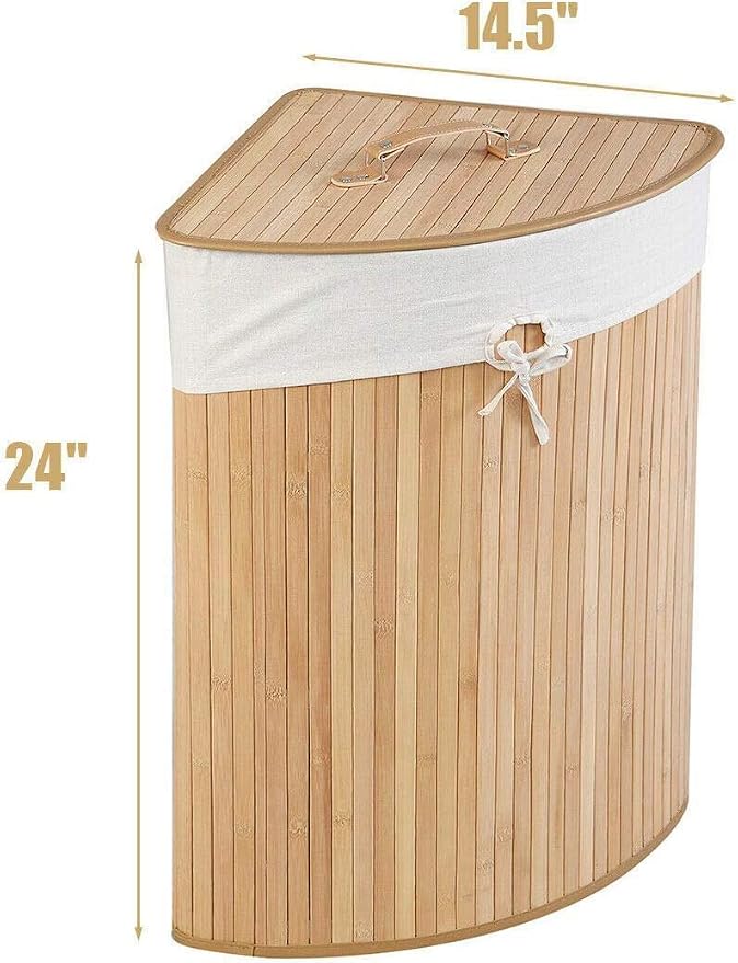 GOFLAME Corner Bamboo Laundry Hamper with Lid and Removable Liner, Washing Clothes Basket Storage Bin with Handle, Suitable for Bedroom, Bathroom, Laundry (Natural) - Image 3