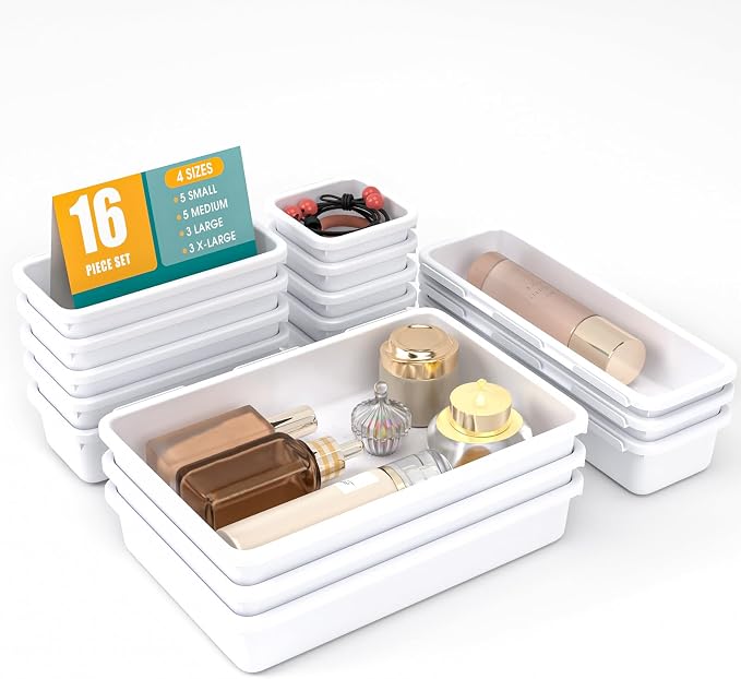 16 PCS Drawer Organizer Set, 4 Size Makeup Drawer Divider Organizer With Non-Slip Pads, Interlocking Plastic Storage Bins for Office,Jewelry Vanity,Gadgets, Bathroom,Kitchen, White by StoreHappily
