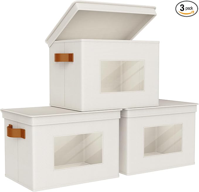 Univivi Storage Boxes with Lids Fabric Foldable Storage Bin for Clothes, [3-Pack] Closet Organizer Containers boxes with Handles for Home, Bedroom, Closet Storage (Beige,17” x 12” x 12") by Univivi