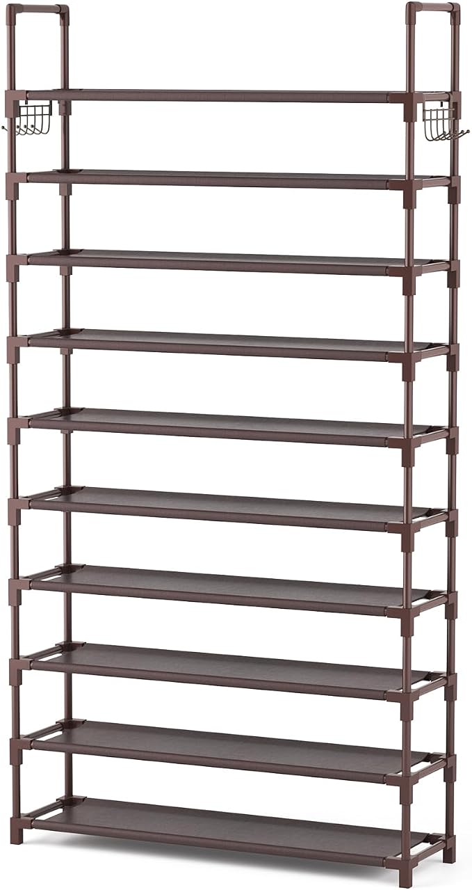 VTRIN 10 Tiers Shoe Rack Tall Large Capacity Wide Shoe Organizer Sturdy Shoe Shelf for Entryway with Two Hooks Metal Shoe Storage for Closet, Bedroom, Brown - Image 8