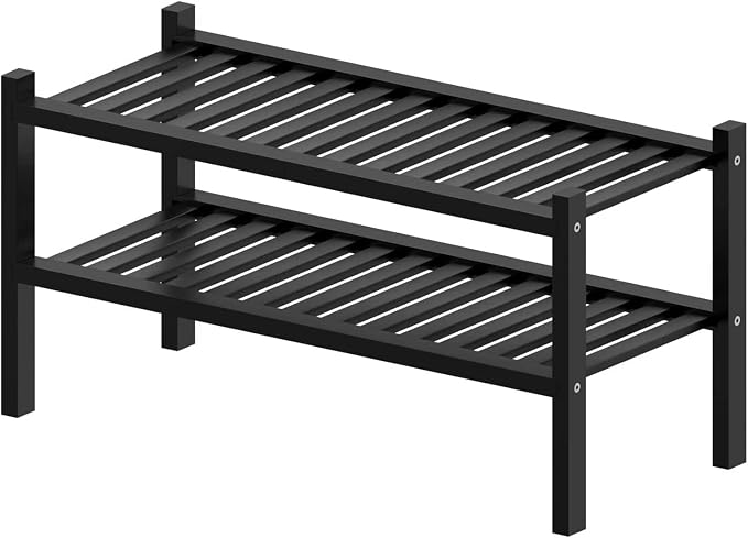 ROMGUAR CRAFT 2 Tier (Thick) Bamboo Shoe Rack for Closet Free Standing Wood Shoe Shelf for Entryway Small Space Stackable 27"x12"x14" (Black) - Image 7
