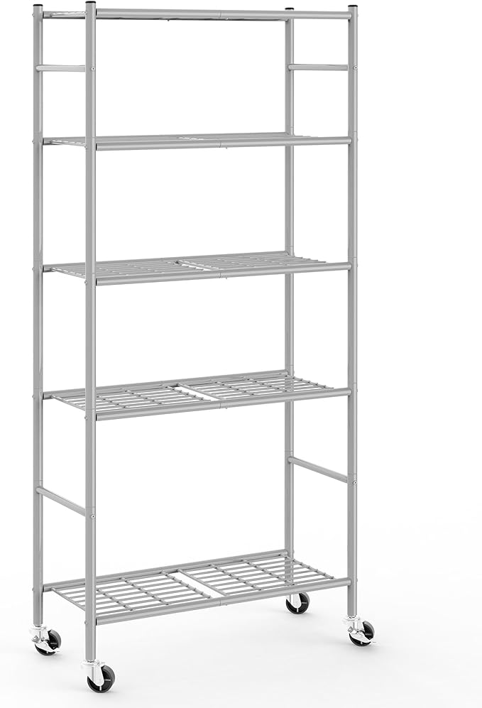 Sakugi Storage Shelves Organizer - 5 Tier Metal Shelf Organizer with Metal Wheels and Adjustable Leveling Feet, Heavy Duty Garage Shelving for Kitchen, Pantry and Closet, 33.1"x12.6"x73.5", Sliver by Sakugi