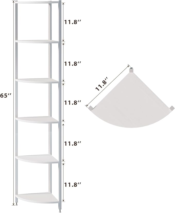 Corner Shelf with LED Lights, 6-Tier Corner Bookshelf, 66'' Organizer Book Shelf Shelves Steel Frame Display Stand with Living Room, Bedroom, Study, White - Image 2