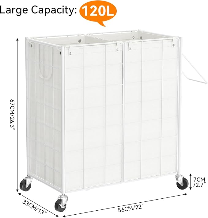 WOWLIVE Double Laundry Hamper with Wheels,Metal Wire Frame Rolling Laundry Basket with 2 Removable bags,120L Dirty Clothes Hamper Organizer Dorm Room Storage for Bedroom,Bathroom,White - Image 4