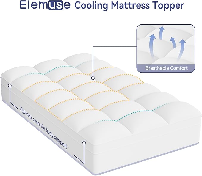 ELEMUSE Twin XL Mattress Topper for College Dorm Room Essentials, Thick Extra Long Twin Mattress Pad for Back Pain Relief, Plush Pillowtop with Elastic Deep Pocket, Overfilled Down Alternative Filling