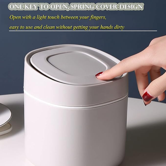 LTWQLing Plastic Mini Trash Can with Lid - 2 L Pop Up Wastebasket for Bathroom Vanity, Desktop, Tabletop or Coffee Table - Dispose of Cotton Rounds, Makeup Sponges, Tissues (Grey) - Image 3