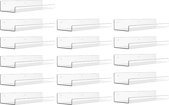 upsimples 16 Pack Acrylic Shelves for Wall Storage, 15" Floating Bookshelves for Kids, Display Shelf Organizer for Bathroom, Bedroom, Living Room, Kitchen, Room Decor, Clear by upsimples