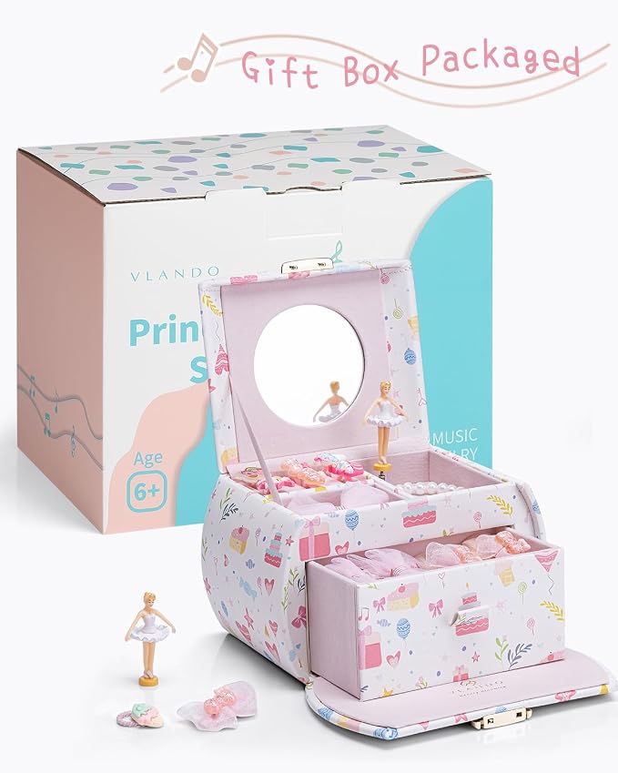 VLANDO Musical Jewelry Box for Girls Kids with Drawer, Music Box with Ballerina and Stickers for Birthday Bedroom Decor, Fantasy Princess - Image 5