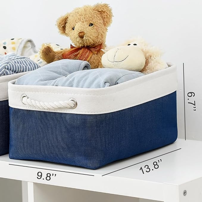 TheWarmHome Storage Basket for Organizing - Medium 3 Pack 14x10x7 inch Fabric Storage Cubes for Shelves with Rope, Collapsible Storage Bin for Organizer Closet Cloth Gift Toy (White & Jean Blue) - Image 5