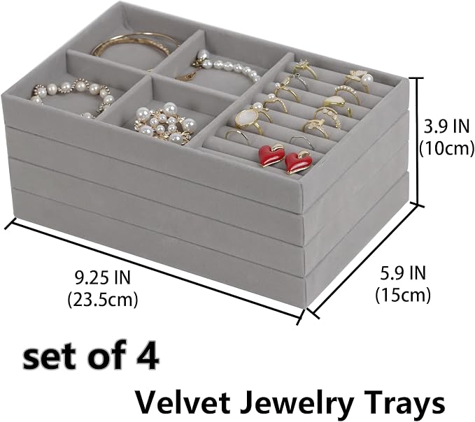 Set of 4 Stackable Jewelry Trays Organizer, Velvet Earring Organizer, Jewelry Organizer Showcase Display Drawer Organizer Storage, Earring Holder Necklace Bracelet Ring Accessary Organizers (Gray) - Image 2