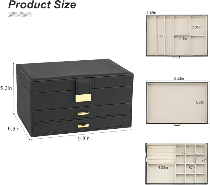 Jewelry Holder Organizer, Leather Jewelry Set Box with 2 Drawers, Jewelry Storage Box for Women Girls(Black) - Image 6