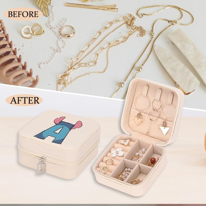 LONGXIN Cute Cartoon Gifts, Initial Travel Jewelry Case Small Jewelry Box Organizer, Personalized Gifts for Women Teen Girls, Birthday Christmas Gifts for Cartoon Lovers, Letter A - Image 5