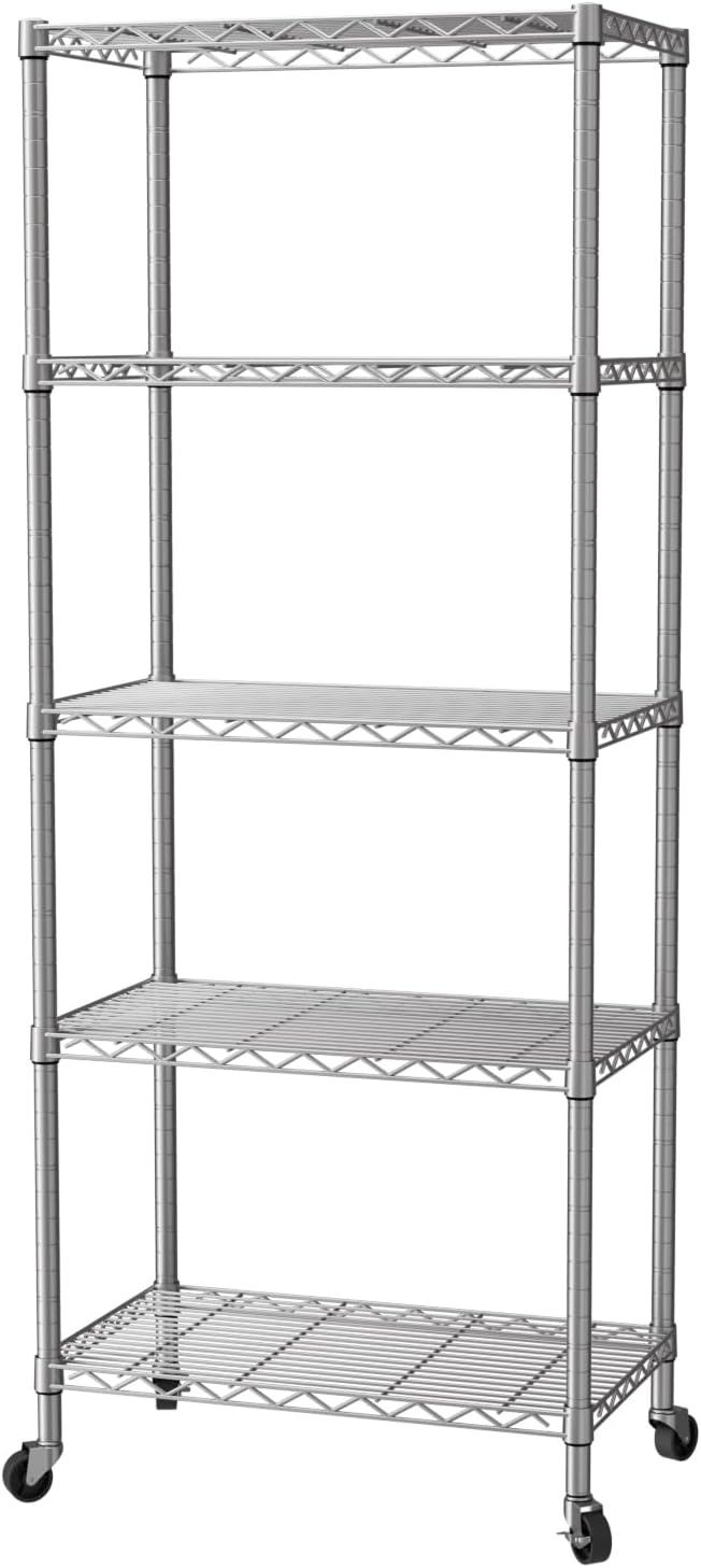 SINGAYE 5 Shelf Storage Wire Shelves Closet Bathroom Organizers Metal Pantry Kitchen Garage Shelving Unit Laundry Room Organization Home Narrow Rack Net Basket with Wheels Silver by SINGAYE