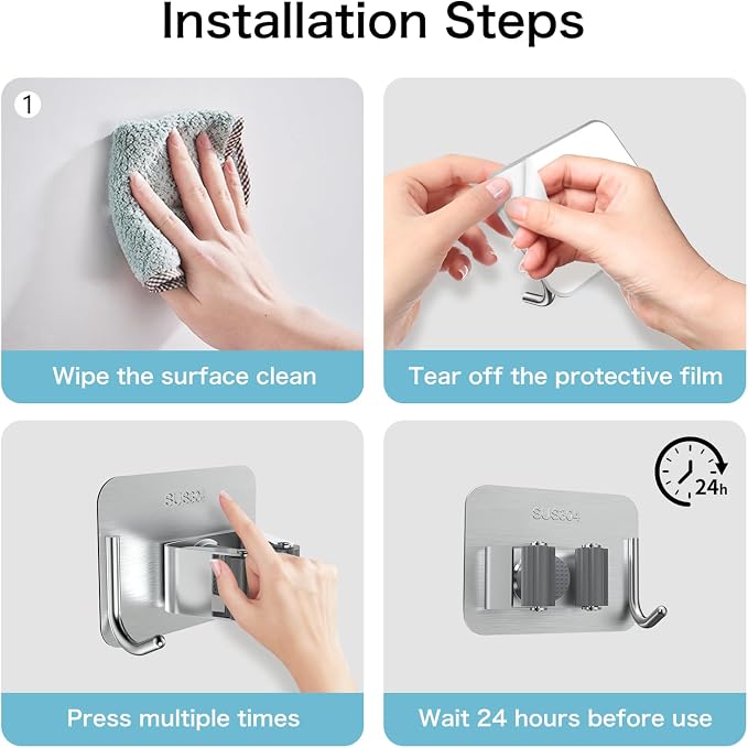 nacena 4 Pack No Drill Self Adhesive Broom Mop Holder Wall Mount with Hooks, Heavy Duty Stainless Steel Organizer for Kitchen Bathroom Garage Storage,Silver - Image 3