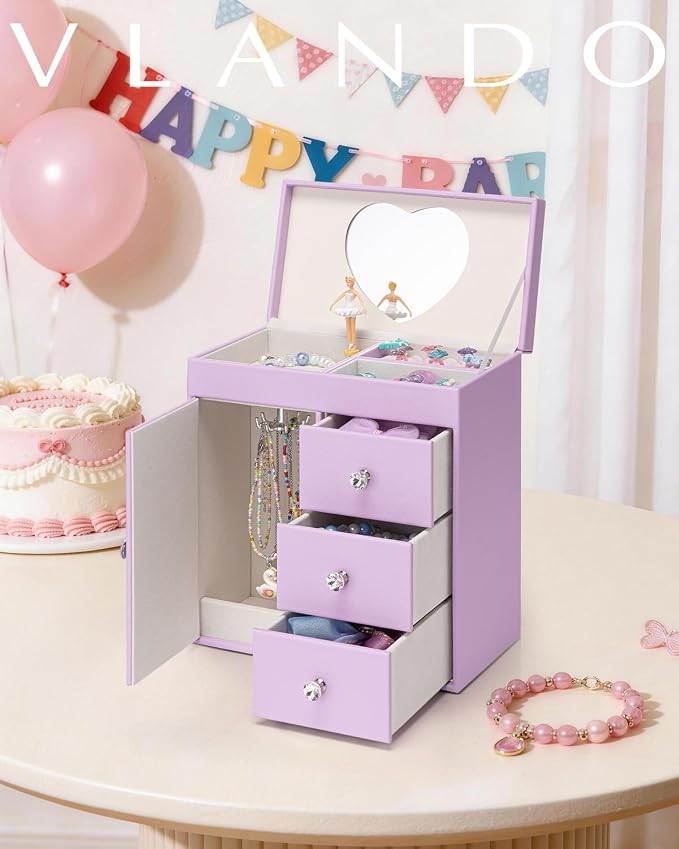 VLANDO Musical Jewelry Box for Girls, Large Kid Music Box with Ballerina for Birthday Bedroom Decor, 4 Layer Girl Jewelry Gifts for Girls Kids - Purple - Image 2