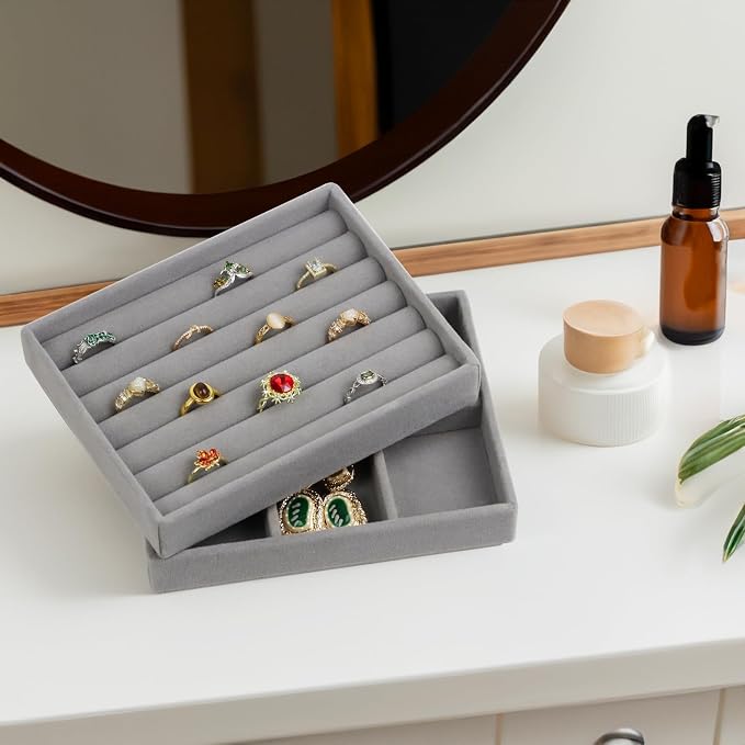 Fordonral Velvet Jewelry Organizer Box, Jewelry Drawer Organizers Trays, Earring Ring Necklace Holder Display Case (Gray, Ring+6 Grid Trays) - Image 7