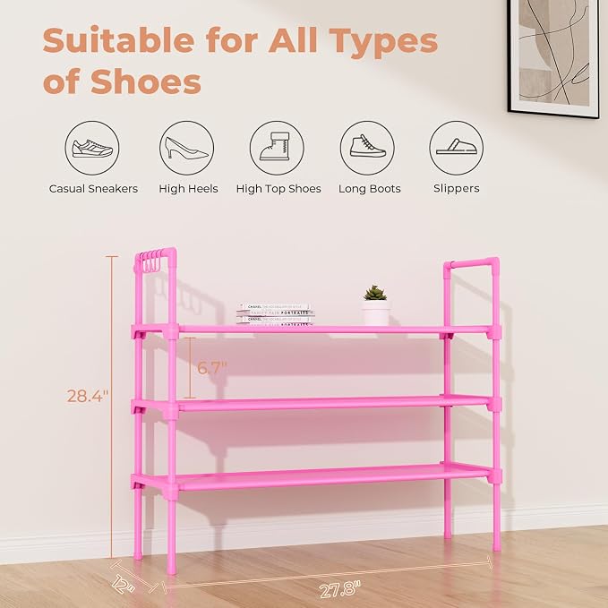 LANTEFUL 3 Tier Shoe Rack for Closet, Shoe Organizer with 5 Hooks, Long Shoe Shelf Storage for Shoe and Boot Stackable Free Standing Shoe Rack for Entryway, Garage, Small Spaces, Dorm, Pink - Image 3