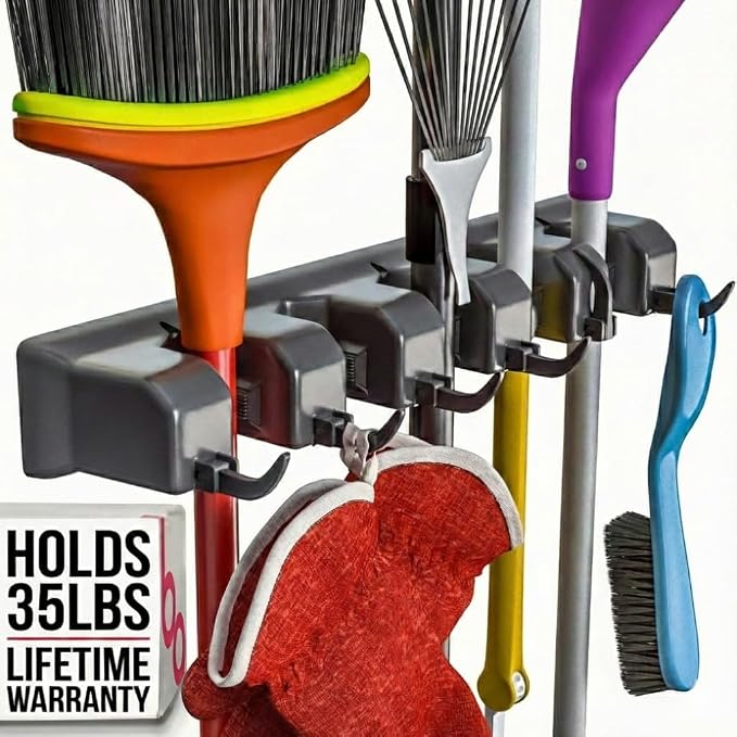 Berry Ave 5 Racks 6 Hooks Mop and Broom Holder Wall Mount, Broom Organizer Storage Tool Rack, Heavy Duty Wall Mount for Brooms and Mops, Utility Closet Garage Kitchen Laundry Organizer - Image 3