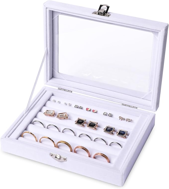 Frebeauty Rings/Earring Organizer Tray with Clear Lid,7 Slots Ring Box Velvet Ring Holder Drawer Insert Jewelry Storage Box Jewelry Display Case Jewelry Box Gift for Women and Girls(7 Slots,White) by Frebeauty