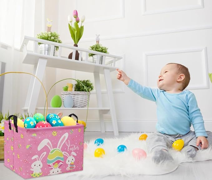 Rectangular Easter Baskets Gift Basket Empty Pink Bunny Kids Storage Bin Baby Boy Basket Kids Toy Storage Bin Organizer Box Easter Room Decor for Home(Pink Easter) - Image 3