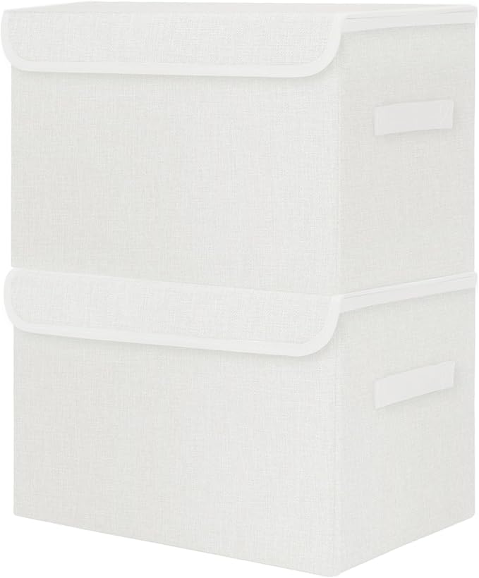 Bagnizer Large 42 Quarts Fabric Storage Bins with Lids [2-Pack] Linen Collapsible Foldable Storage Cubes, Closet Organizer Containers boxes with Handles for Home Office (16.7 x 12 x 12, White) by Bagnizer