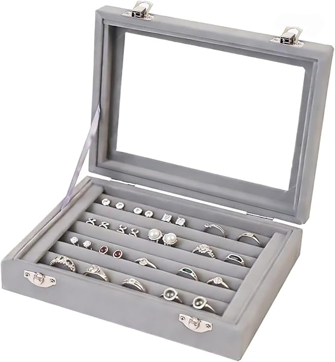 Jewelry Box Rings Organizer Tray 7 Slots Velvet Jewelry Earring Storage Box With Transparent Lid Jewelry Display Case for Girls Women (Gray) by EONGOA