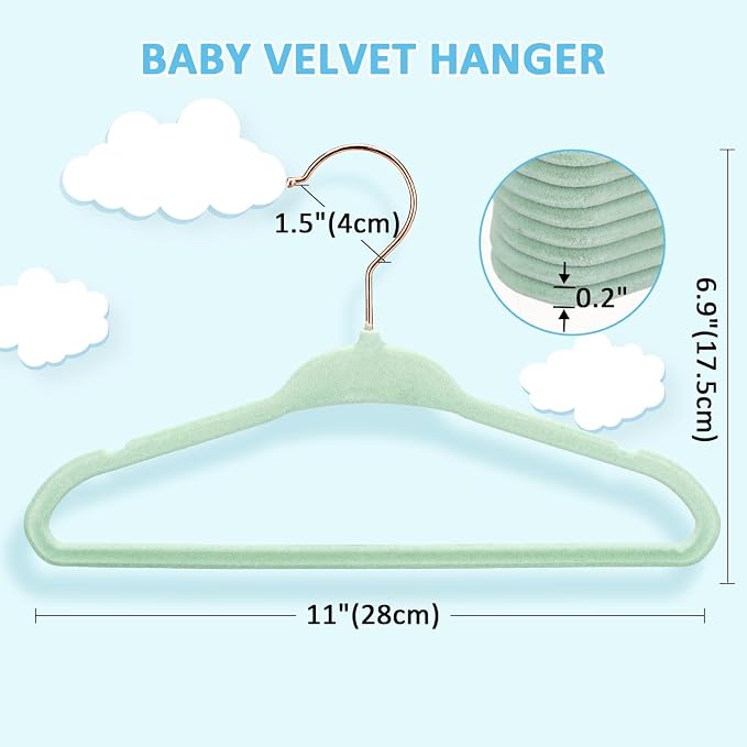 Tonswachic Baby Velvet Hangers 30 Pack - 11 Inch Premium Non Slip Kids Felt Hanger for Infant Clothes - Ultra Thin Baby Felt Hangers for Toddler Children's Closet with 10 Hanger Clips - Green - Image 2