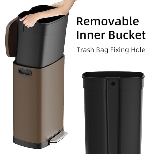 KUK 13 Gallon Kitchen Trash Can with Lid, 50L/13Gal Office Step Garbage Can for Home, Kitchen, Laundry Room, Office, Brushed Stainless Steel, Brown - Image 4