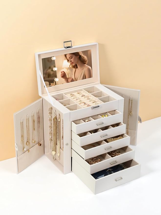 BOOVO Jewelry Box For women, 6 Layer Large Jewelry Organizer With Mirror, Multi-Function Storage Box With Lock, Accessory Holder With 5 Drawers, For Earrings Necklace Ring Bracelet (Pearl White) - Image 7