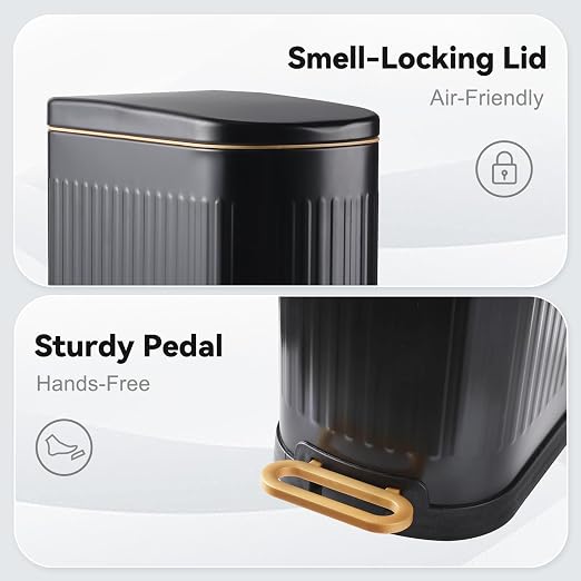 SYNCVIBE Slim Bathroom Trash Can with Lid Stainless Steel Garbage Can Soft Close Step Trash Bin with Removable Inner Bucket for Bedroom, Office, Kitchen (Matt Black, 3.5 Gallons) - Image 6