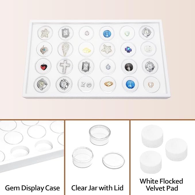 Ikee Design 24 Gem Showcase Stackable Jewelry Display Tray for Collectibles, Rock Storage Box Gemstones Bead Storage Jars, White Foam, White Tray, 14 7/8W x 8 3/8D x 1H in - Image 4
