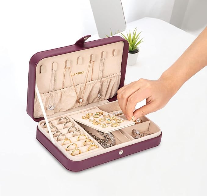 LANDICI Small Jewelry Box for Women Girls, PU Leather Travel Jewelry Case, Portable Jewelry Organizer Storage Holder Display for Ring Earrings Necklace Bracelet Bangle Men Kids Gift, Purple - Image 8