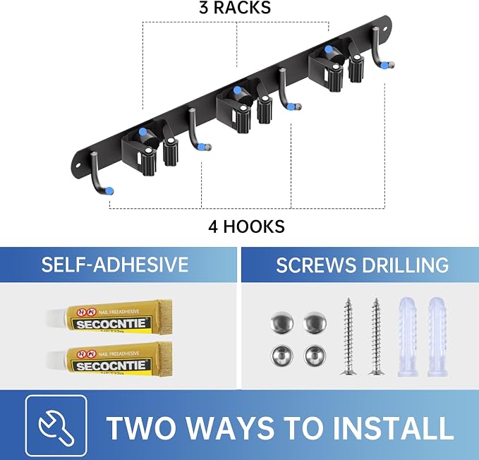 ZONGOOL Mop and Broom Holder Wall Mount, Broom Organizer Mop and Broom Storage Tool Racks Stainless Steel Wall Hanger for Home Kitchen Garden Laundry Garage (3 Racks with 4 Hooks, Black) - Image 6