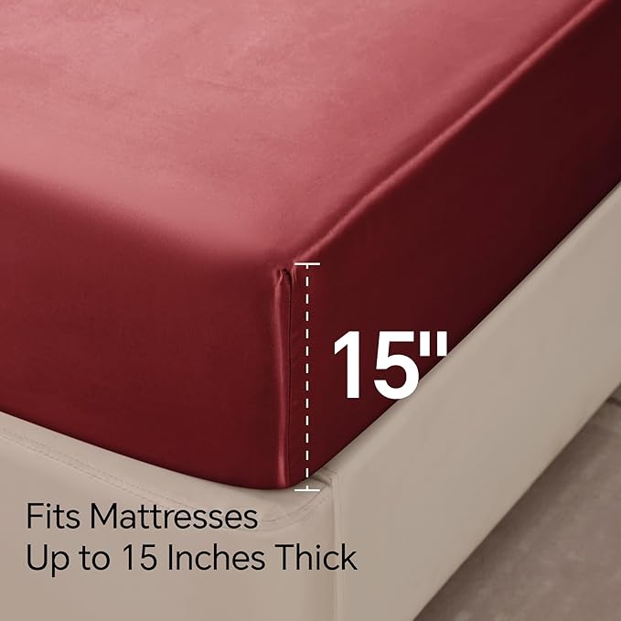 BEDELITE California King Sheets Set, Luxury Soft Burgundy Satin Sheets for Hair and Skin, Similar to Silk Bed Sheets Set 4 Pieces with 1 Deep Pocket Fitted Sheet, 1 Flat Sheet, and 2 Pillowcases