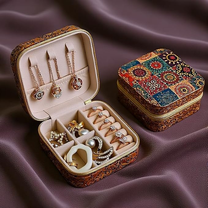 Retro Cork Jewelry Box with Bohemian Patterns for Storing Rings, Necklaces and Earrings During Travel, Soft Velvet Interior, 3.8x3.8x1.8 Inches - Image 4