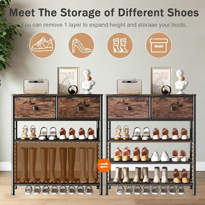 INGIORDAR Shoe Rack Organizer 5 Tier Metal Organizer Shelf with Industrial MDF Board and Layer Fabric for Entryway Closet Bedroom Living Room Garage (Black+Rustic Brown, 4 Tier with 2 Drawers) - Image 5